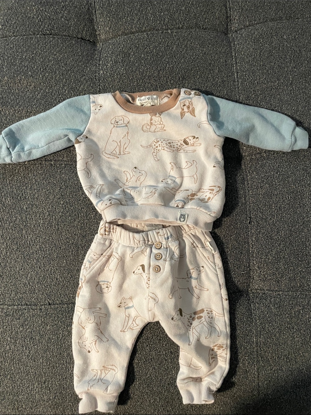 Neutral Puppy Print Two-Piece Baby Outfit - Blue & Cream